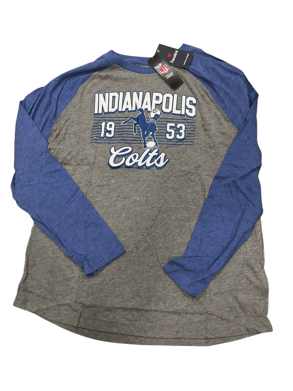 Fanatics NFL Indianapolis Colts Mens XL Gray Blue Raglan Long Sleeve T-Shirt NWT
